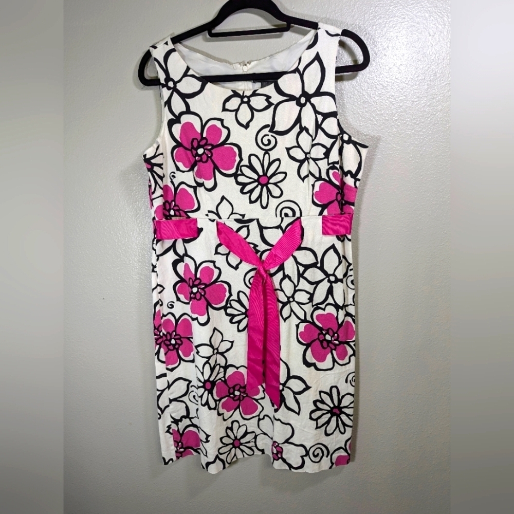 Jessica Howard White Black Pink Floral Print Empire Dress siz14 Lined Sleeveless